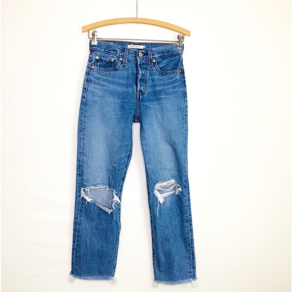 Levi’s wedgy, straight button, fly, distressed jeans